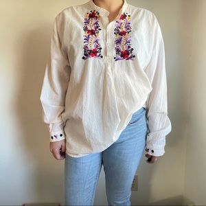 Vintage Floral Embroidered  Women's Long Sleeve Boho Minimalist 100% Cotton